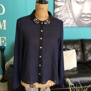 🎉 Navy Blue Sheer Blouse Sleeve Bottom Down